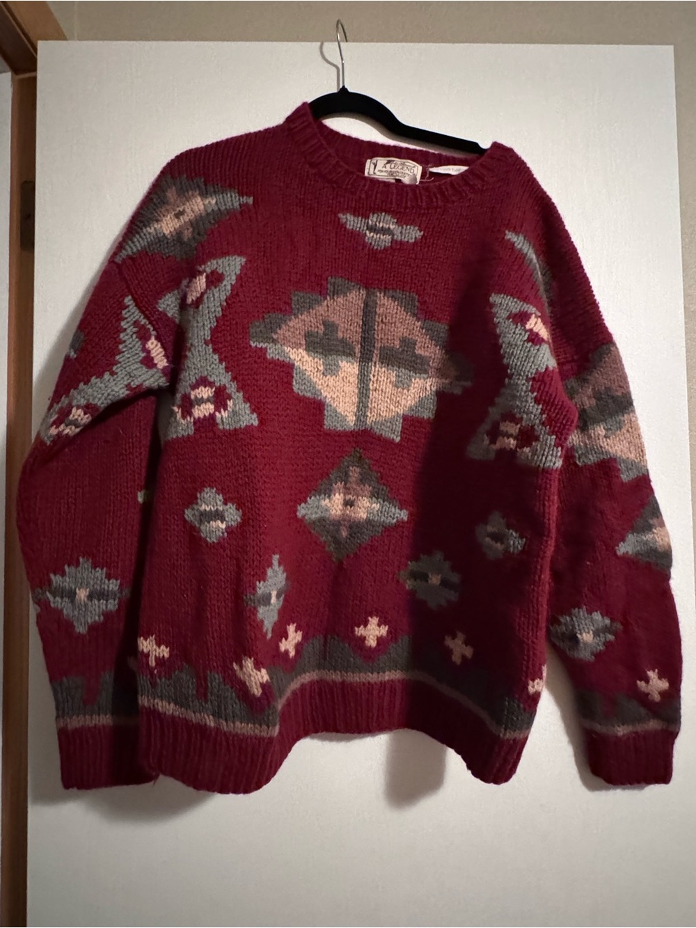 Vintage Eddie Bauer Maroon Wool Crewneck Sweater with Geometric Detail